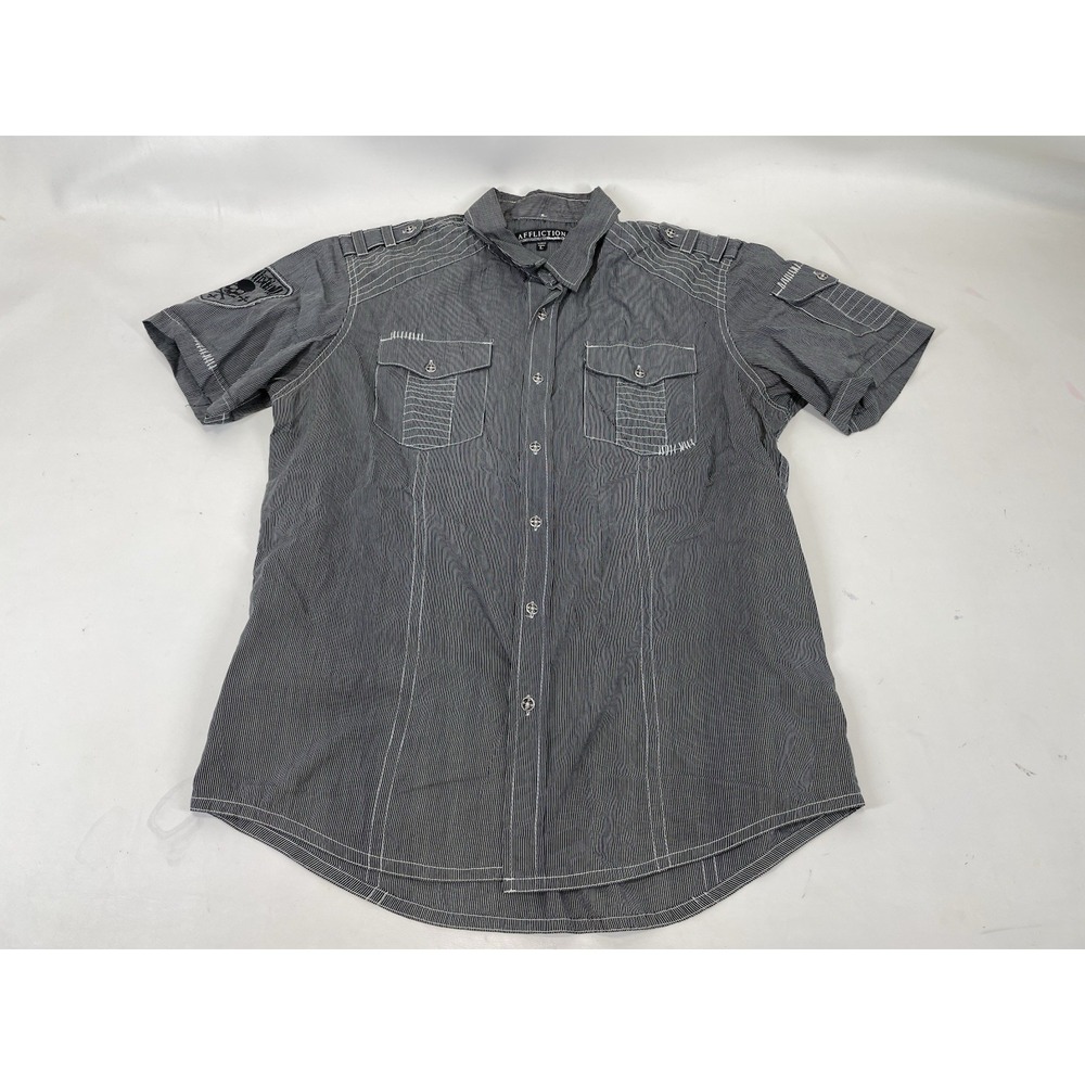Affliction Buckle Button Up Shirt Embroidered Skull Mens L Black White Striped